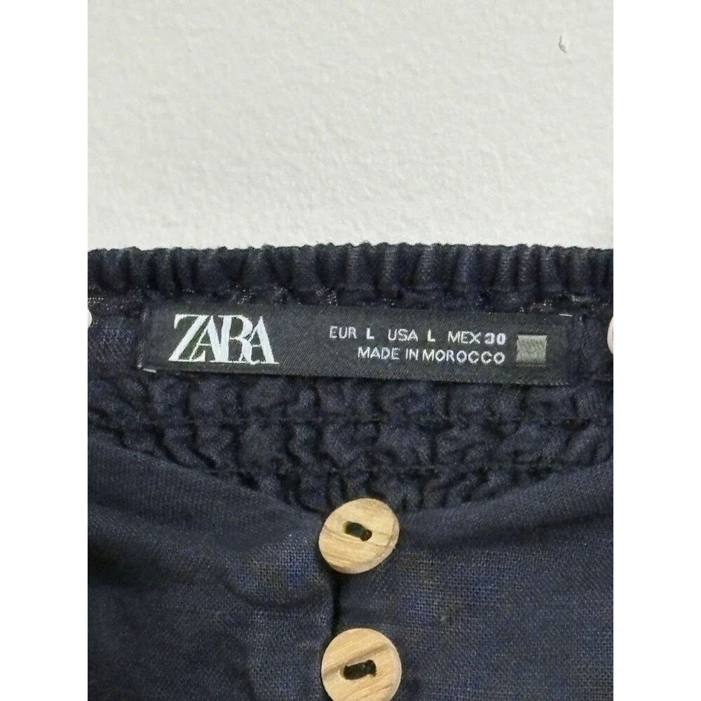 Zara Navy Linen Button Front Smocked V-Neck Sleeveless Jumpsuit L